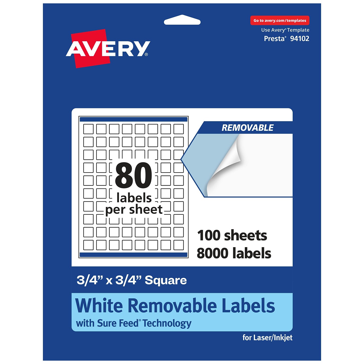 Avery Laser/Inkjet Multipurpose Labels, White, 80 Labels/Sheet, 100 Sheets/Pack (94102-RMP100)