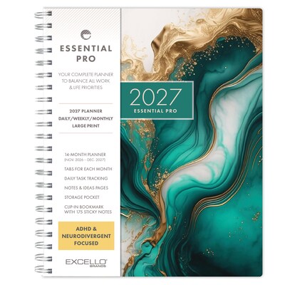 2027 Excello Brands Essential Pro 8.5 x 11 Weekly & Monthly Planner, Teal Gold Marble (ESPRO-CY27-8511-54)
