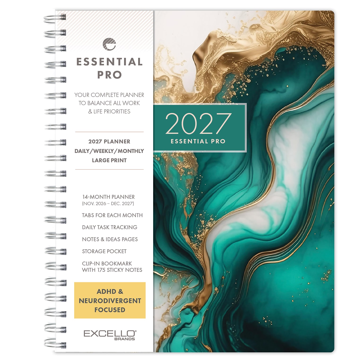 2027 Excello Brands Essential Pro 8.5 x 11 Weekly & Monthly Planner, Teal Gold Marble (ESPRO-CY27-8511-54)