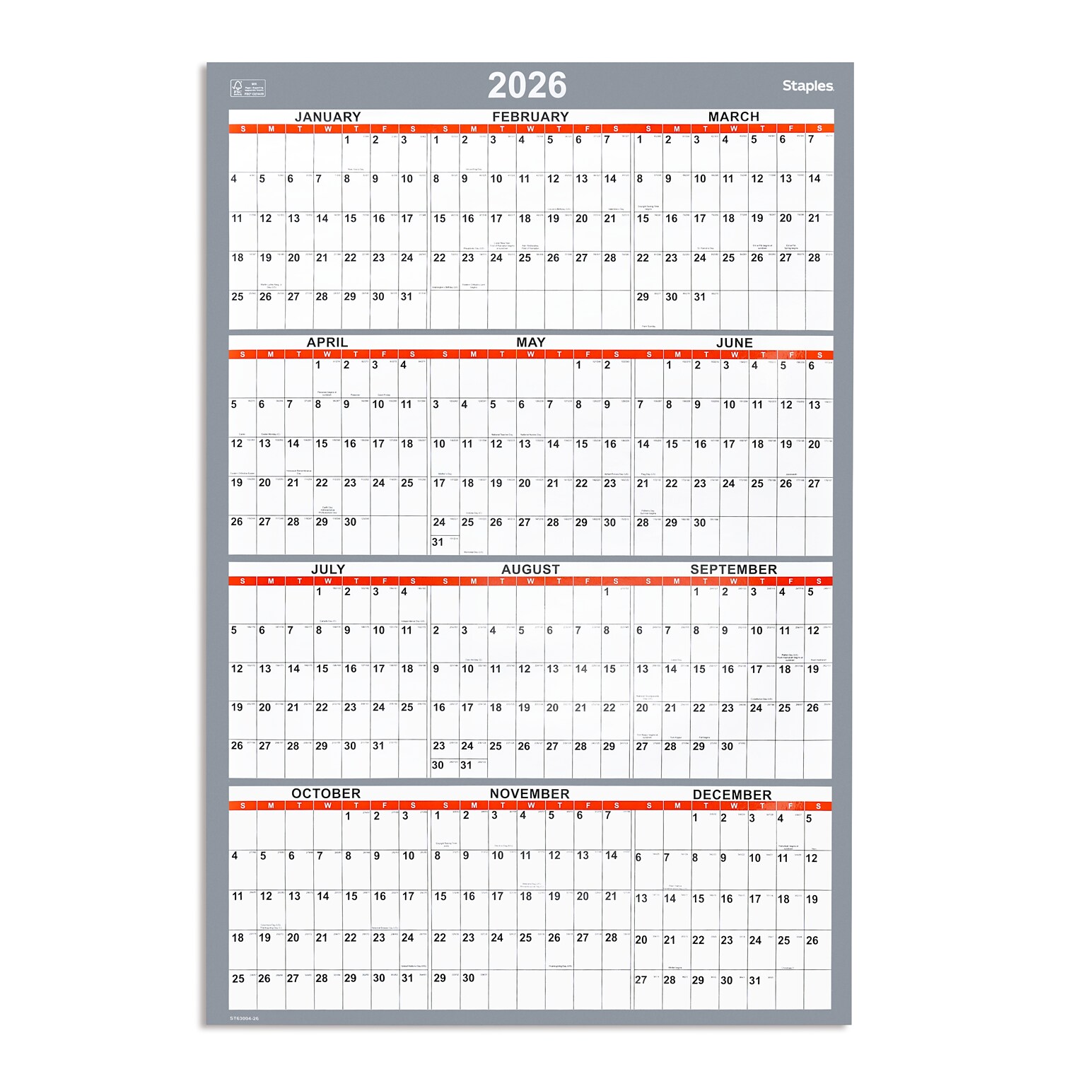 2026 Staples 36 x 24 Yearly Dry-Erase Wall Calendar, Reversible, White/Red/Gray (ST63004-26)