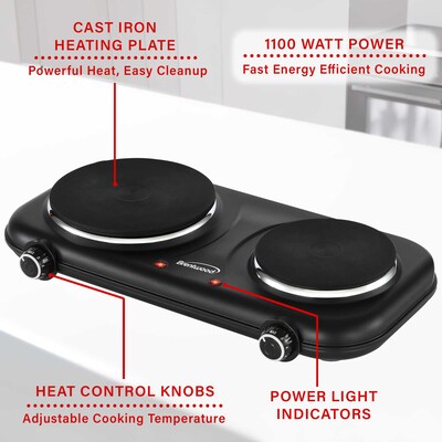 Brentwood 1,100-Watt Cast-Iron Countertop Electric Double Burner, Black (TS-332BK)