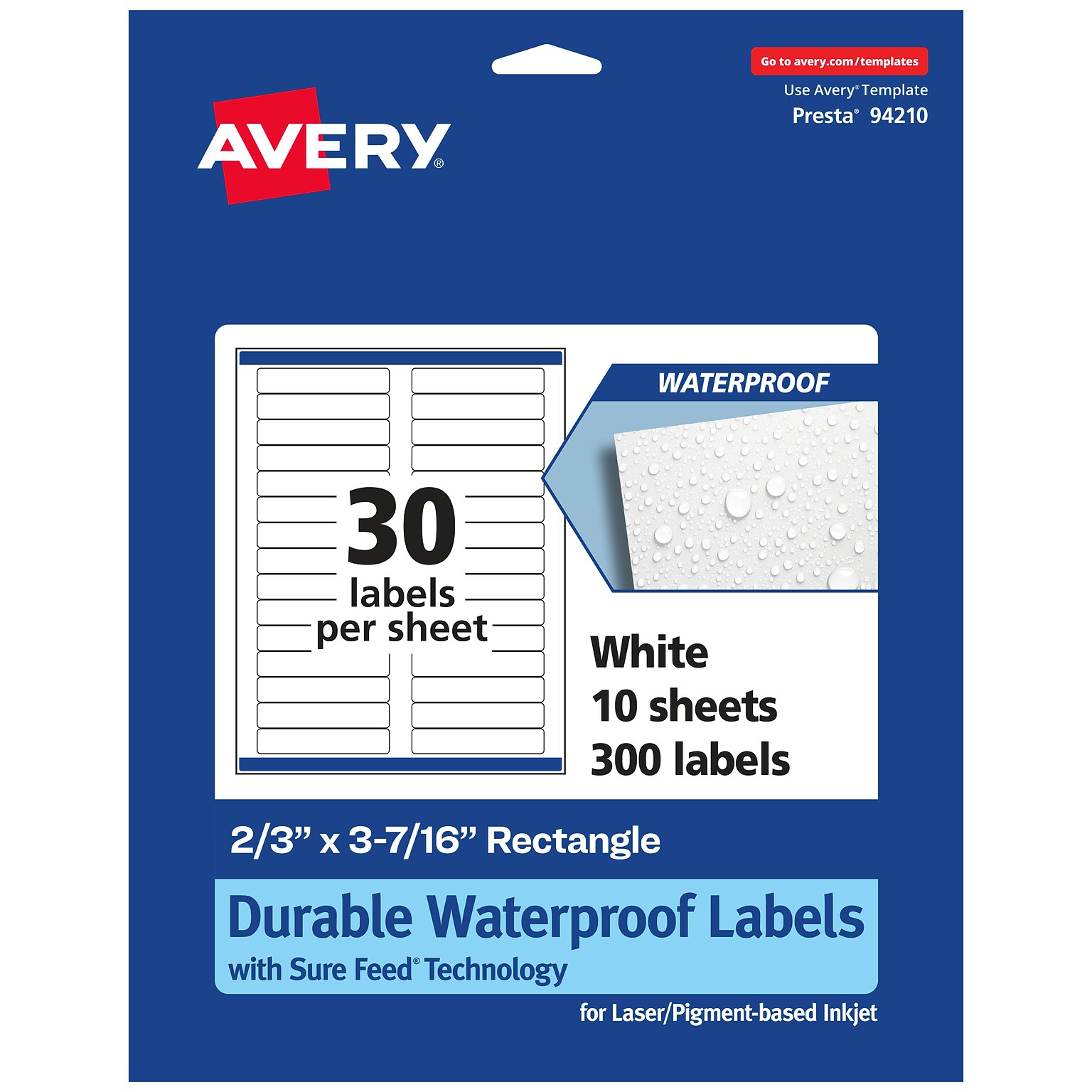 Avery Laser/Inkjet Rectangle Waterproof Multipurpose Labels, 3.4375  x 0.6667, White, 300/Pack (94210)