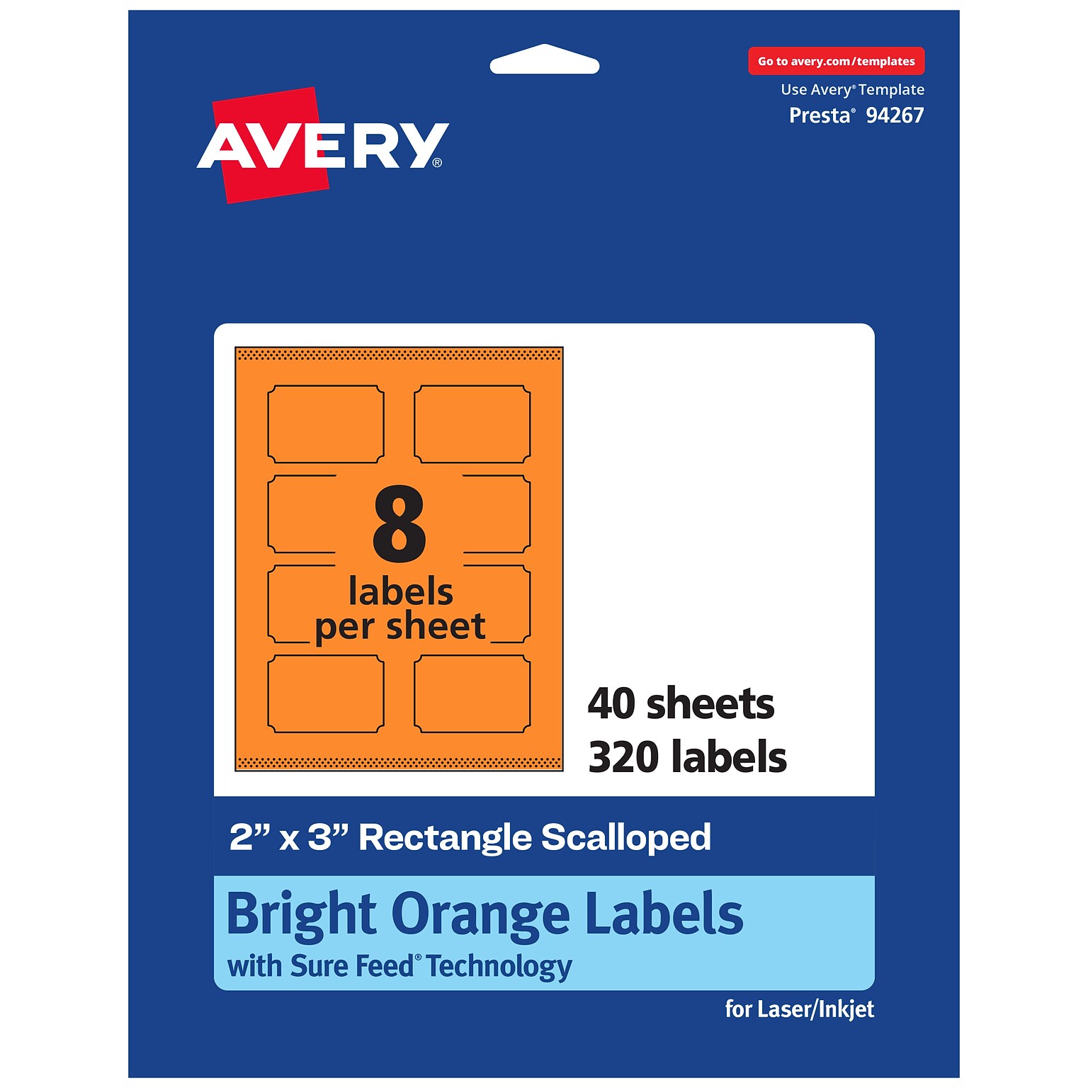 Avery Laser/Inkjet Multipurpose Decorative Edge Labels, 2 x 3, Bright Orange, 320/Pack (94267)