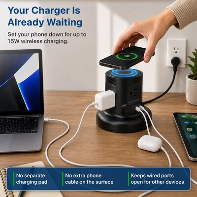 Uncaged Ergonomics USB-C Wireless 6 ft. Retractable Power Strip with 15W Wireless Charger, 4-Outlet, Black (WRPS-2-Black)