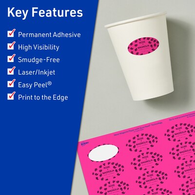 Avery Oval Laser/Inkjet Multipurpose Labels, 1-1/8 x 2-1/4, Neon Magenta (840/Box)