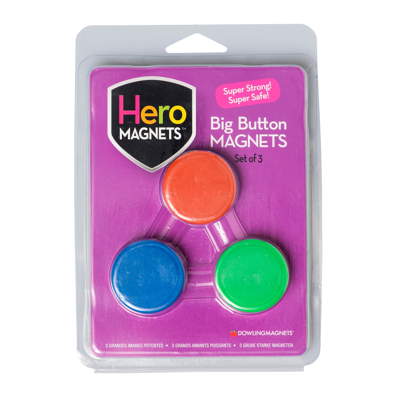 Dowling Magnets Hero Magnets: Big Button Magnets, Assorted Colors, 3 Per Pack, 6 Packs (DO-735014-6)