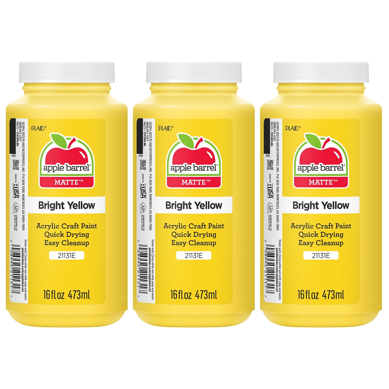 Apple Barrel Acrylic Paint Matte, 16oz., Bright Yellow, 3/Pack(APP21131E-3)