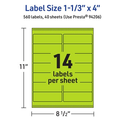 Avery Printable Rectangle Multipurpose Labels, 1-1/3" x 4", Bright Green, 560/Pack (94206)