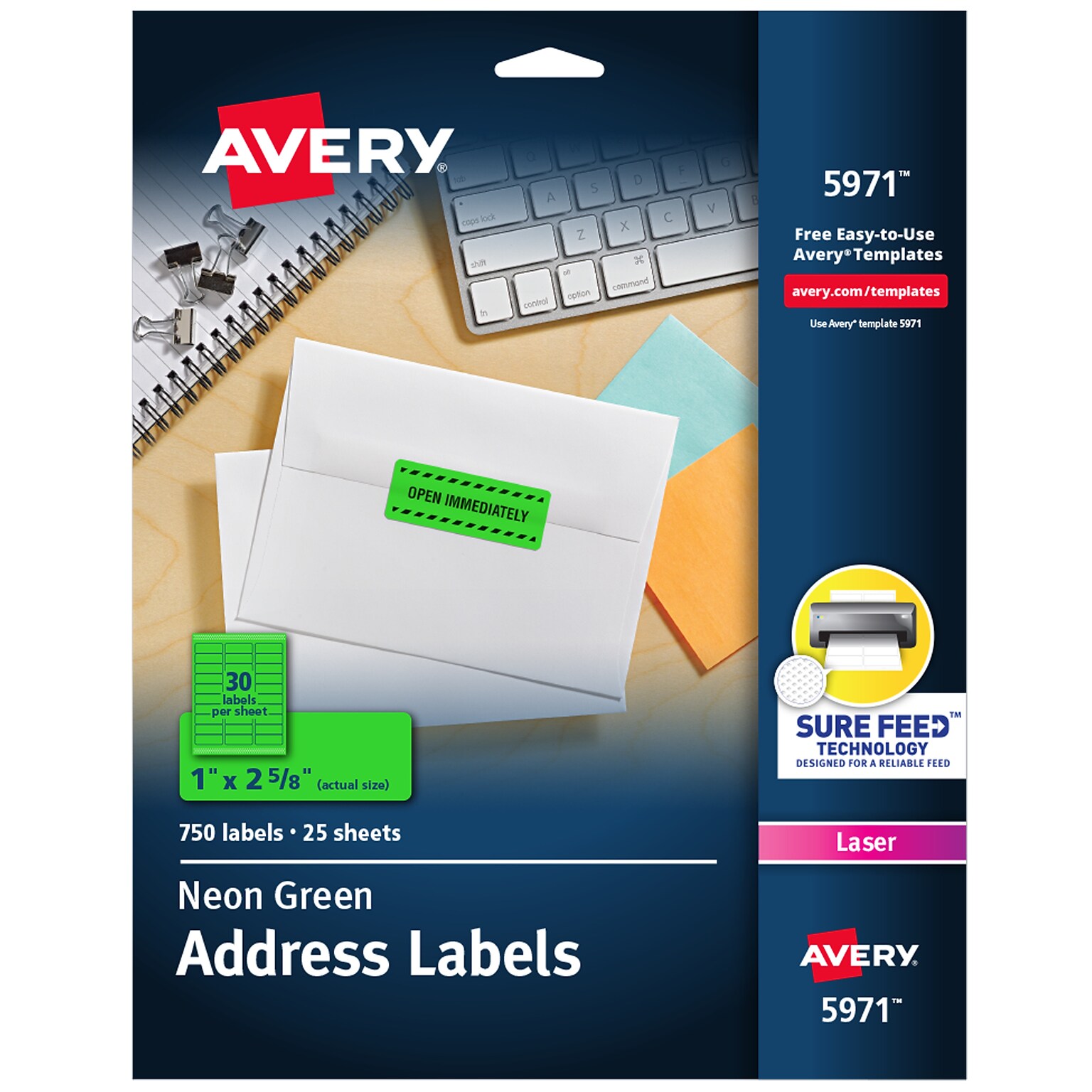 Avery Sure Feed Laser Address Labels, 1 x 2 5/8, Neon Green, 750 Labels/Pack (5971)