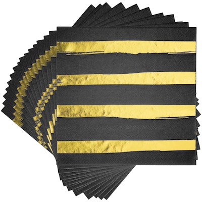 Creative Converting Black and Gold Foil Striped Paper Napkins, 192/Pack (329934)