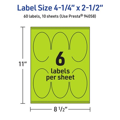 Avery Printable Oval Multipurpose Labels, 4.25" x 2.5", Bright Green, 60/Pack (94058)
