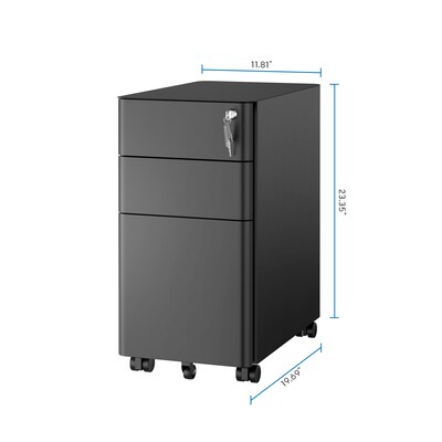 Mount-It! 3-Drawer Mobile File Cabinet, Letter/Legal Size, Lockable, 23.35"H x 11.81"W x 19.69"D, Black (MI-944B)