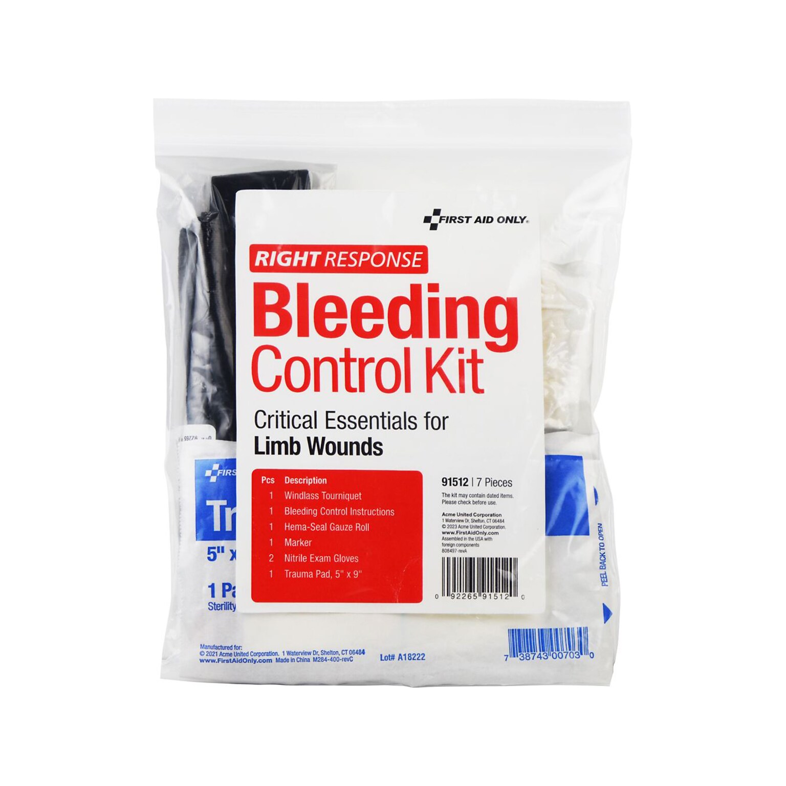 First Aid Only Bleeding Right Response Control Kit Crtitical Essentials Plastic Bag, Limb Wounds, 7 Pieces (91512)