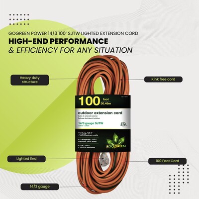 GoGreen Power 100' Indoor/Outdoor Extension Cord, 14 AWG, Orange (GG-13800)