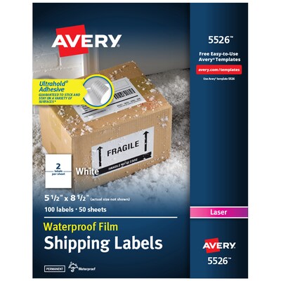 Avery Waterproof Laser Shipping Labels, 5-1/2 x 8-1/2, Matte White, 100 Labels/Box (5526)