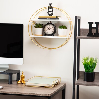 Mind Reader Metal Floating Round Wall Shelf, 15.5 x 3.81 x 16, White/Gold (MDGCIR-WHT)