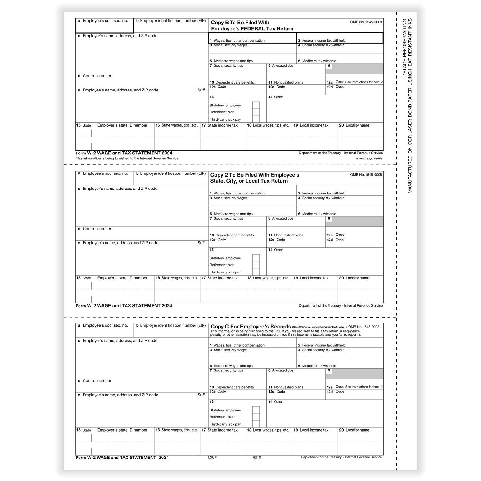 ComplyRight 2024 W-2 Tax Form, 1-Part, 3-Up, Employee Copy B, C, and 2, 50/Pack (521050)