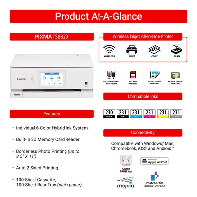 Canon PIXMA TS8820 Wireless Color Inkjet Printer, All-In-One, Print, Scan, Copy (6793C022)
