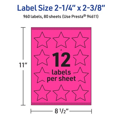 Avery Star Laser/Inkjet Multipurpose Labels, 2-1/4" x 2-3/8", Neon Magenta (960/Box)