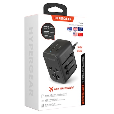 HyperGear WorldCharge Universal Travel Adapter with USB/USB A/USB C Ports, Black (15822)