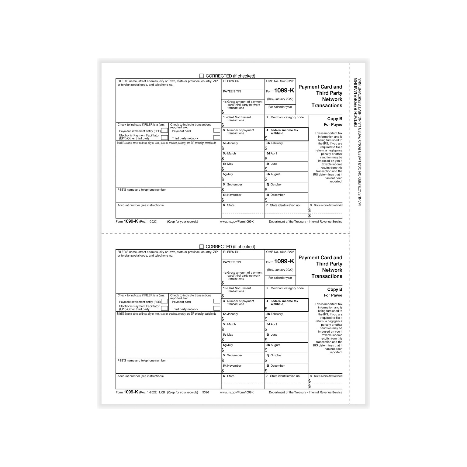 ComplyRight 2022 1099-K Payee Copy B Tax Form, 2-Up, 100/Pack (5326)