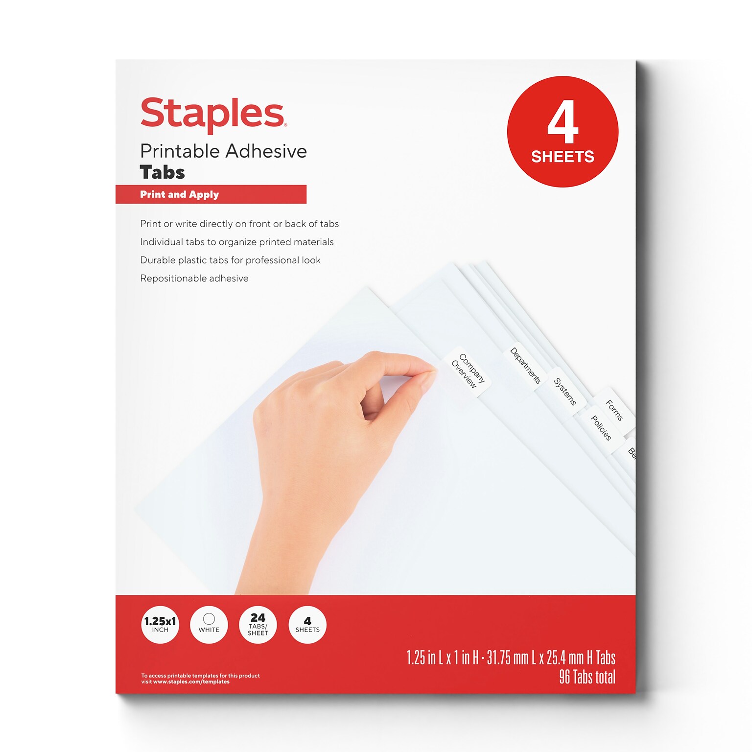 Staples Printable Self-Adhesive Tabs, White, 24-Tabs, 4 Sets (ST63048)