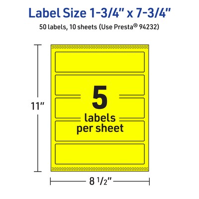 Avery Laser/Inkjet Rectangle Multipurpose Labels, 1.75" x 7.75", Neon Yellow, 50/Pack (94232)