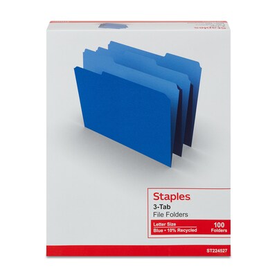 Staples File Folders, 1/3-Cut Tab, Letter Size, Blue, 100/Box (ST224527-CC)