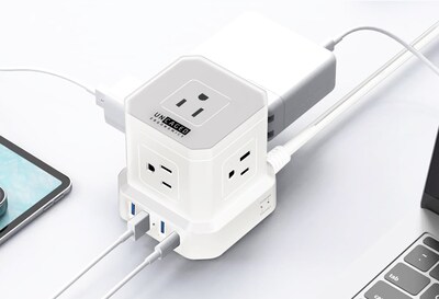 Uncaged Ergonomics Cube 5-Outlet 4-USB Port Surge Protector, 10', White (PC-w-c)