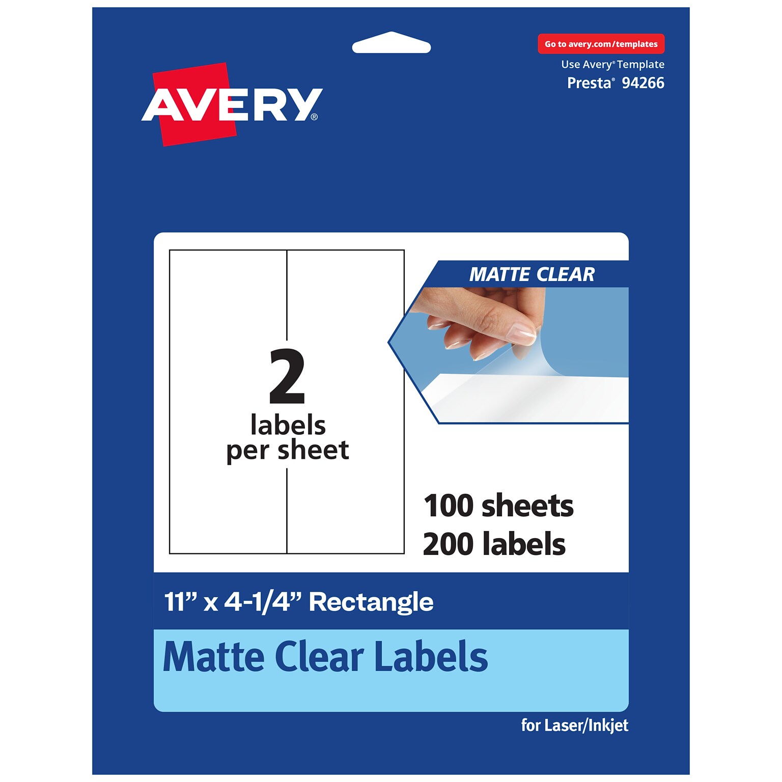 Avery Laser/Inkjet Rectangle Multipurpose Labels, 11 x 4-1/4, Clear, 200/Box (94266)
