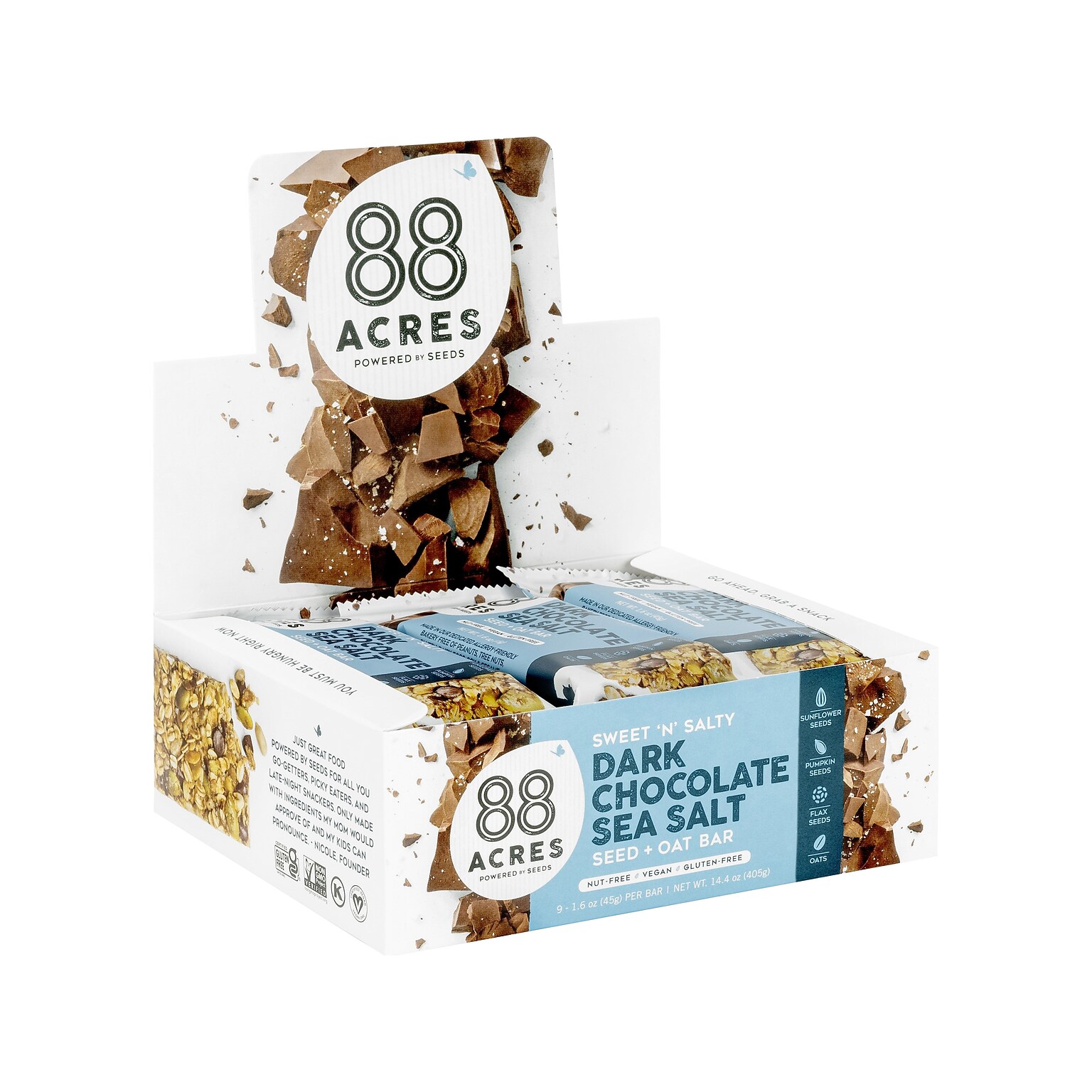 88 Acres Sweet N Salty Gluten-Free Dark Chocolate/Sea Salt Seed and Oat Bar, 1.6 oz., 9 Bars/Box (310001)