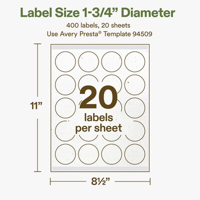 Avery Hemp Round Laser/Inkjet Multipurpose Labels, 1-3/4" Dia, Off-White (400/Pack)