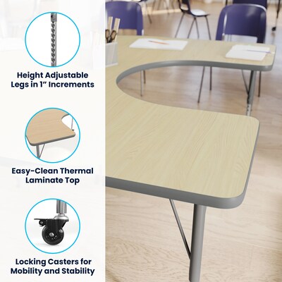 Flash Furniture Wren Horseshoe Activity Table, 66" x 60", Height Adjustable, Light Natural Top/Silver Frame (XUA6066HRSLNTAC)