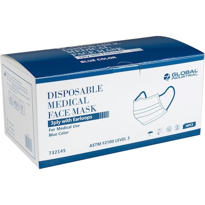 Global Industrial Disposable Medical Face Mask, 3-Ply w/Earloops, ASTM Level 3, Blue, 50/Box (732145)