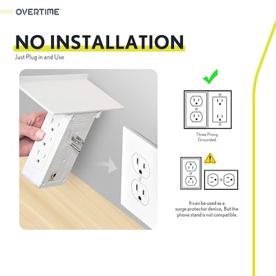 Overtime Wall Outlet Shelf, 8 Outlets and 3 USB Ports, Surge Protector, White (OTWP8O3USB)