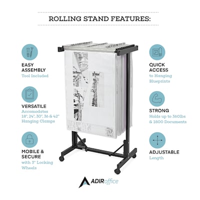 AdirOffice Expandable Blueprint Mobile Plan Center Large File Storage Hanging Rack, Black (615-BLK-KIT1)
