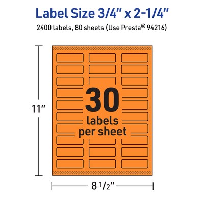 Avery Laser/Inkjet Multipurpose Rectangle Labels, 0.75" x 2.25", Bright Orange, 2400/Box (94216)