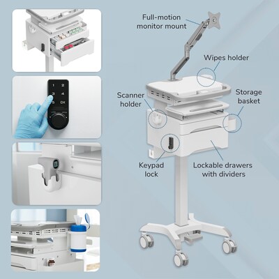 Mount-It! MedHub Powered Medical Cart with 2 Lockable Drawers, Monitor Arm, Scanner & Wipes Holders, White/Gray (MI-16066)