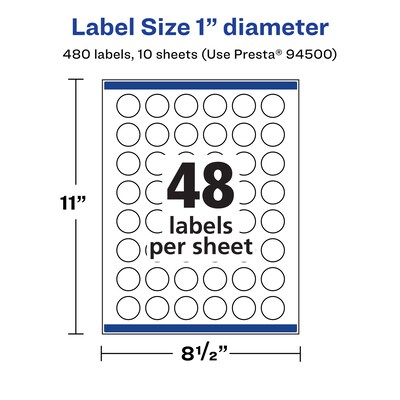 Avery Laser/Inkjet Round Multipurpose Labels, 1" Dia., 480 Labels/Pack (94500)