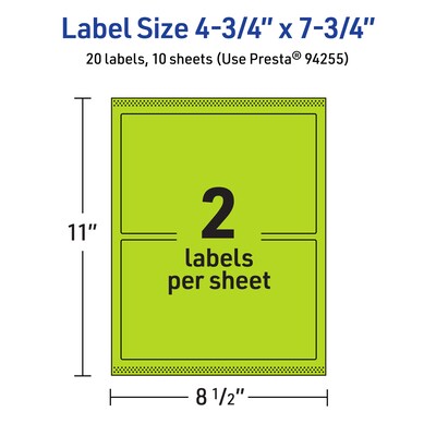 Avery Printable Rectangle Multipurpose Labels, 4.75" x 7.75", Bright Green, 20/Pack (94255)
