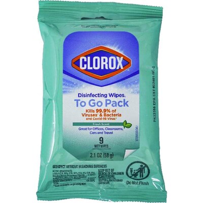Clorox To Go Fresh Scent Disinfecting Wipes, 9 Wipes/Pack, 9 Packs/Dispensit Box, 12 Dispensit Boxes