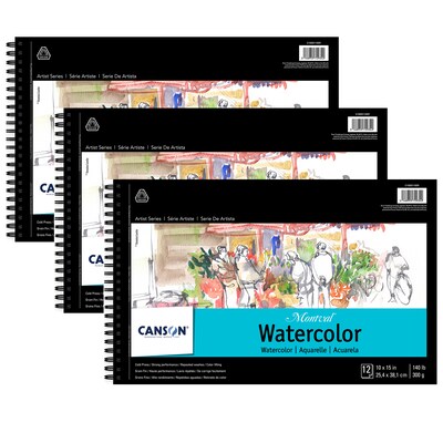 Canson Artist Series Montval 15 x 10 Wire Bound Watercolor Sketch Pad, 12 Sheets/Pad, 3/Bundle (MC