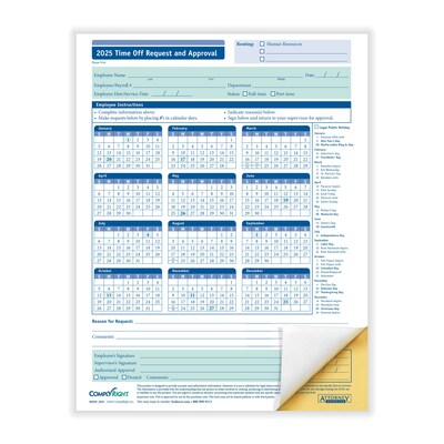 ComplyRight 2025 Time Off Request and Approval Form, 2-Part, 50 Forms/Pack (A0030)