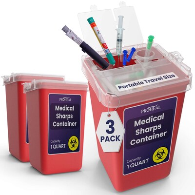 ProHeal Small Sharps Containers for Home Use, 1 Quart Needle Disposal Portable for Biohazard Medical Waste, 3/Pack (PH-16383H)
