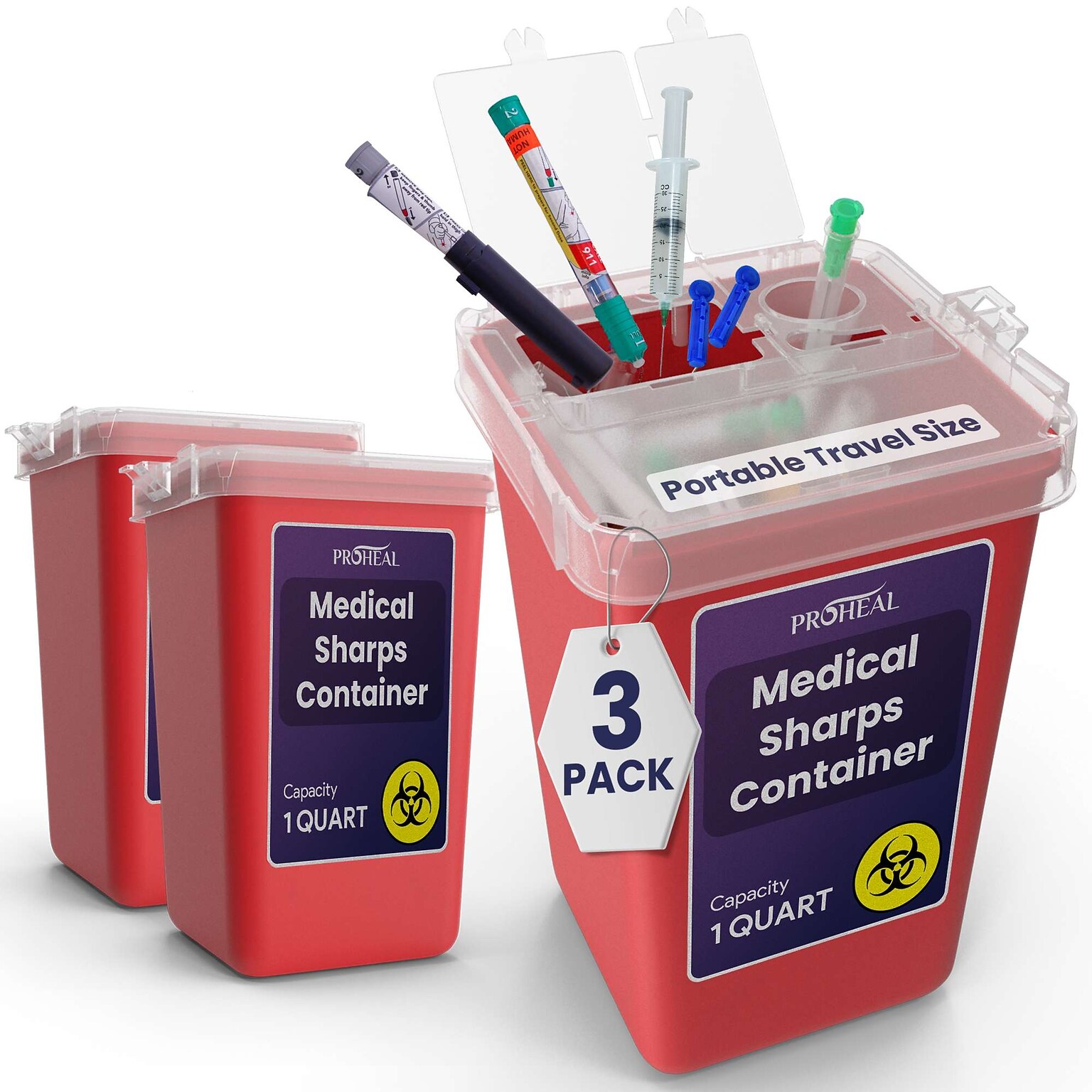 ProHeal Small Sharps Containers for Home Use, 1 Quart Needle Disposal Portable for Biohazard Medical Waste, 3/Pack (PH-16383H)