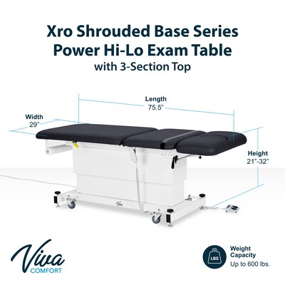 Viva Comfort XRO 3-Section Electric Height and Back Adjustable Exam Table, 600 lbs. Capacity, Black (ADI903-23-BLK-MK)