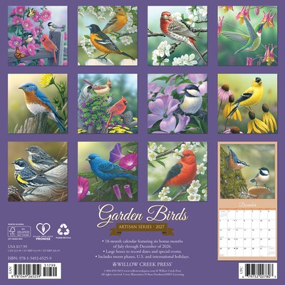 2027 Willow Creek Garden Birds - Artisan Series 12 x 12 Monthly Wall Calendar, Assorted Colors (65259)