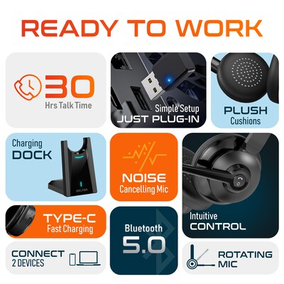 Delton 35X Wireless Noise Canceling Bluetooth Stereo Headset, Auto Pair USB Dongle & Fast Charging Dock, Black (DBHTEAD35XBTDL)