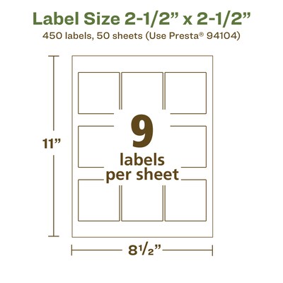 Avery EcoFriendly Laser/Inkjet Square Multipurpose Labels, 2-1/2" x 2-1/2", White, 450/Box (94104)