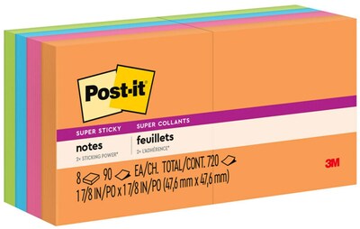 Post-it Super Sticky Notes, 2 x 2, Energy Boost Collection, 90 Sheet/Pad, 8 Pads/Pack (6228SSAU)